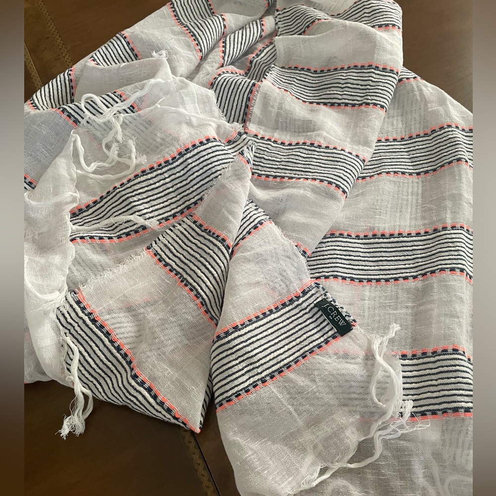 J. Crew White cotton/linen blend Scarf with navy Stripes and Pink Details